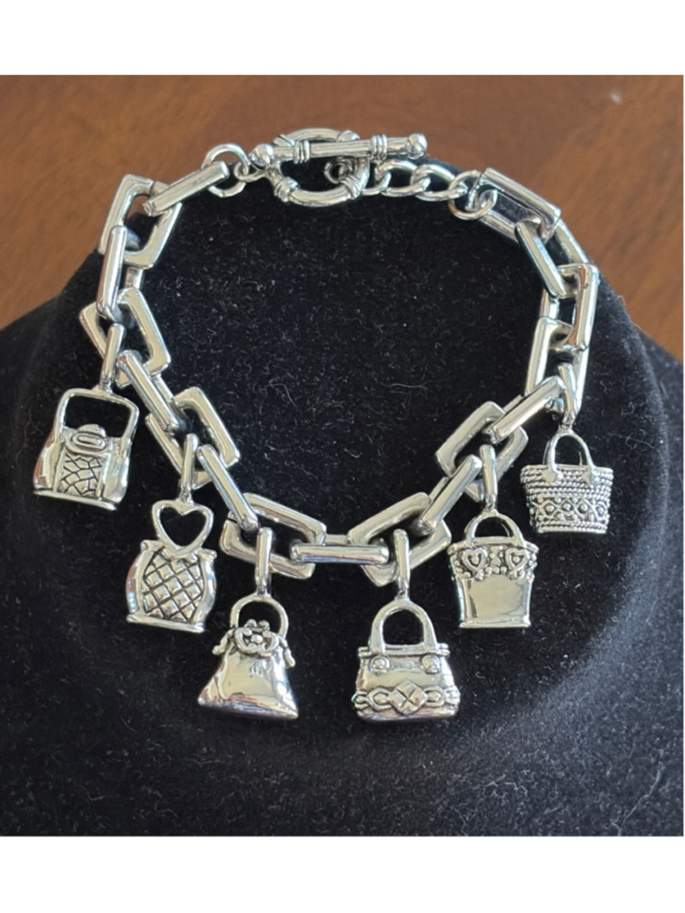 Authentic Vintage Brighton Silver Plated Retired Handbag Purse Charm Bracelet 7’